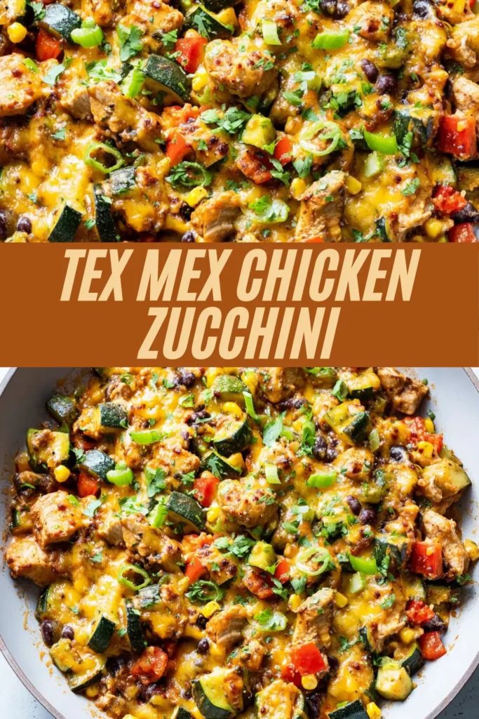 Skillet of Tex Mex chicken with zucchini, black beans, corn, peppers, and melted cheese topped with fresh cilantro.