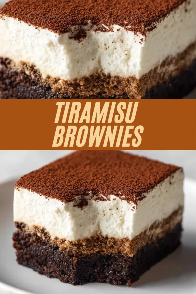 Tiramisu brownie bar with a fudgy chocolate base, coffee-soaked cookie layer, and thick mascarpone cream dusted with cocoa powder.