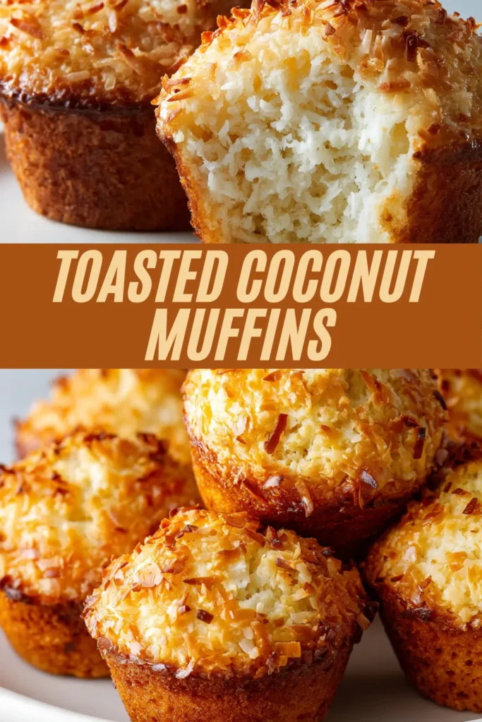 Toasted coconut muffins piled on a plate, one muffin bitten to show the moist, fluffy coconut interior and golden toasted coconut top.