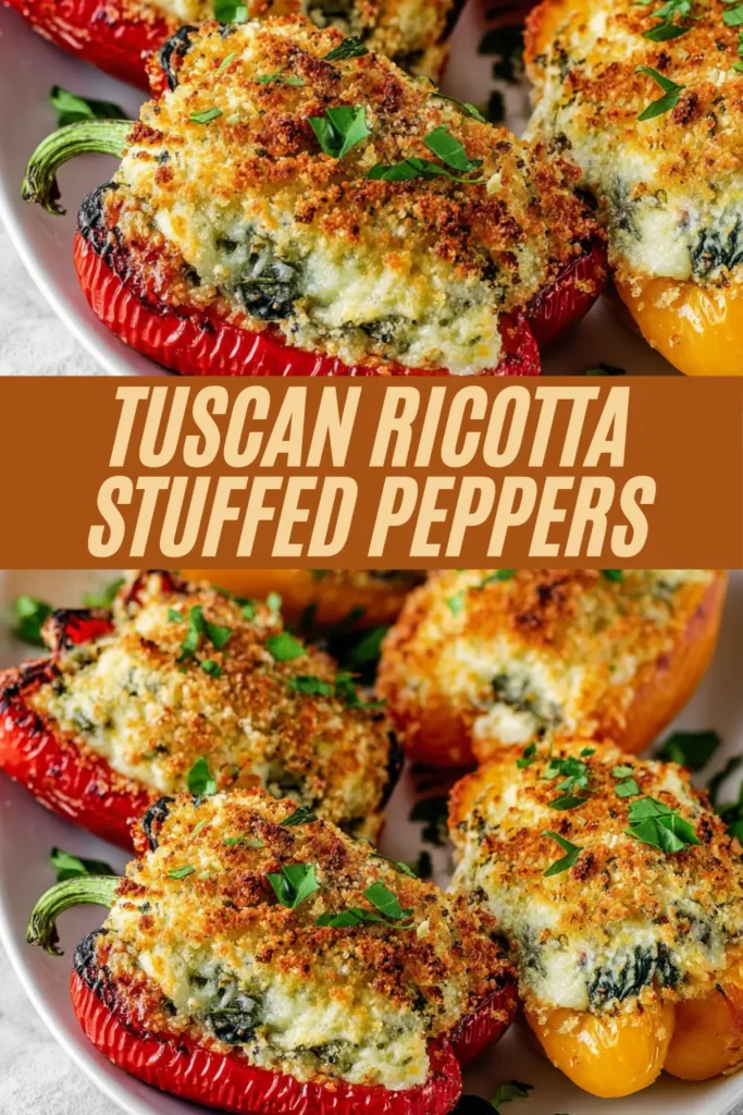 Close-up of Tuscan-style ricotta and spinach stuffed red and yellow bell peppers baked with a golden breadcrumb topping on a white platter.