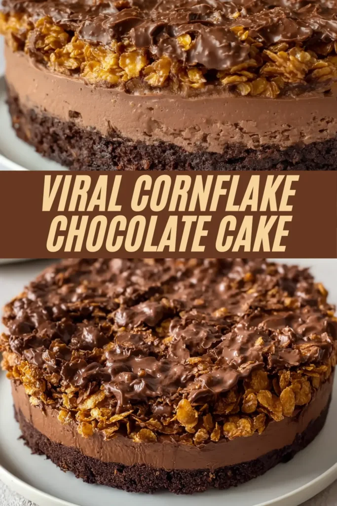 Graphic featuring a round cornflake chocolate cake on a white plate, with a thick brownie-style base, creamy chocolate layer, and crunchy chocolate-covered cornflakes on top, framed by a bold center banner reading “Viral Cornflake Chocolate Cake” in retro cream lettering.