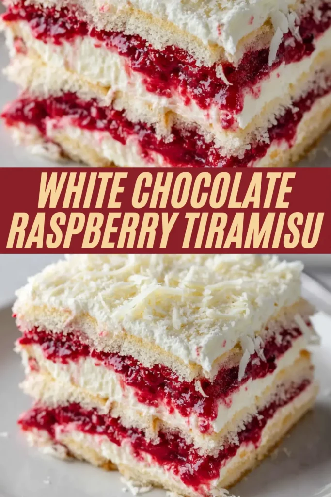 Layered white chocolate raspberry tiramisu with ladyfingers, creamy filling, and bright red raspberry sauce on a plate.