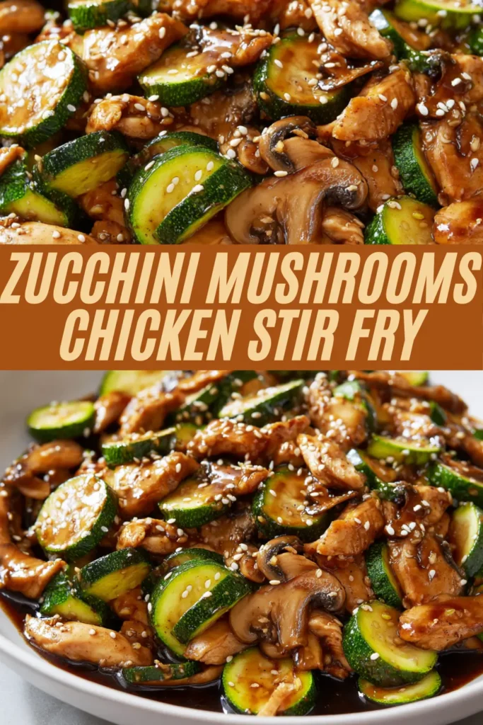 Close-up of chicken stir fry with zucchini rounds and mushrooms in a glossy brown sauce, sprinkled with sesame seeds.