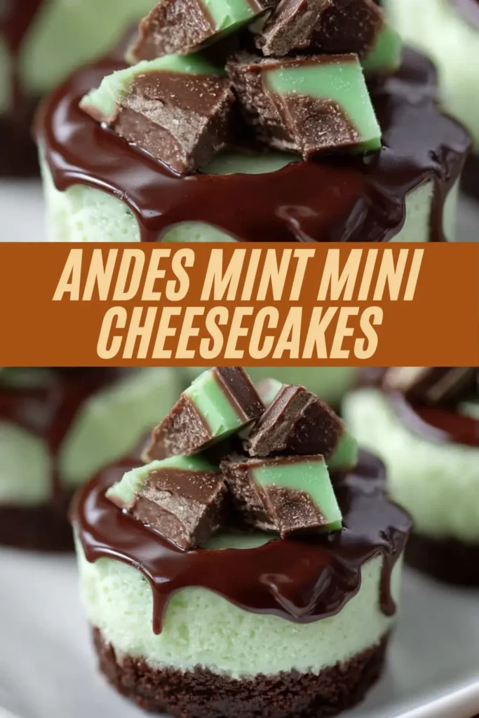 Recipe card for Andes mint mini cheesecakes with green mint filling, chocolate ganache, and mint candy chunks.