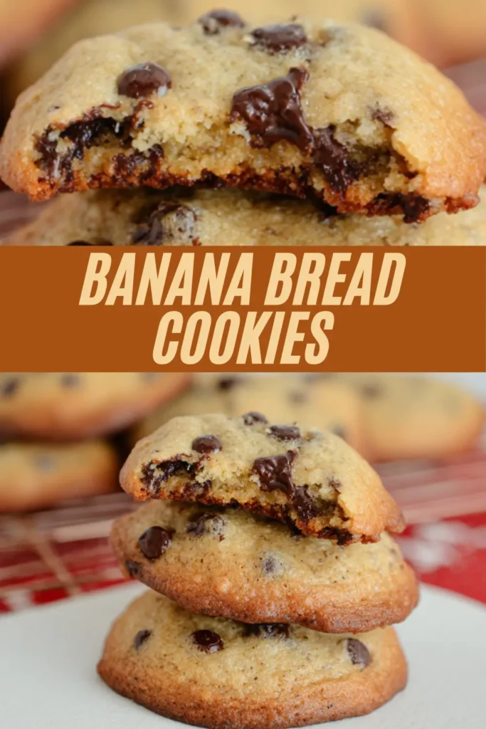 BANANA BREAD COOKIES overlay stack cookies bite cooling rack chocolate chips soft chewy texture red napkin.