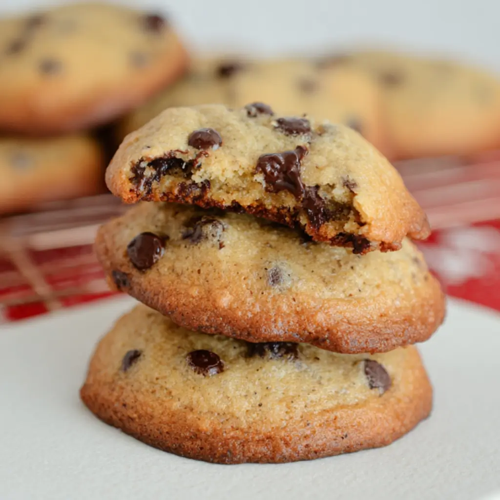Stack banana bread cookies chocolate chips cooling rack bite taken soft chewy browned edges nuts optional red napkin.
