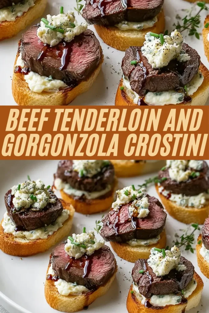 Assortment of beef tenderloin gorgonzola crostini on baguette slices with chives, thyme, and balsamic glaze