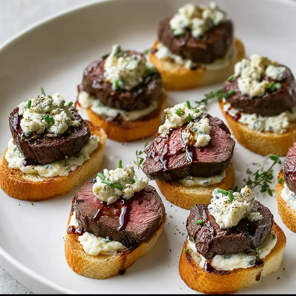Beef tenderloin medallions topped with gorgonzola blue cheese, chives, and balsamic glaze on toasted baguette crostini