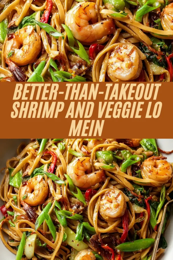 Better than takeout shrimp and veggie lo mein noodles with shrimp, red bell peppers, green onions, bok choy in bowl