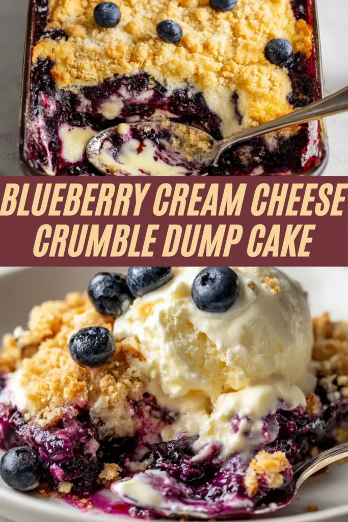 Vertical recipe collage of blueberry dump cake baked dish ice cream serving with purple title overlay