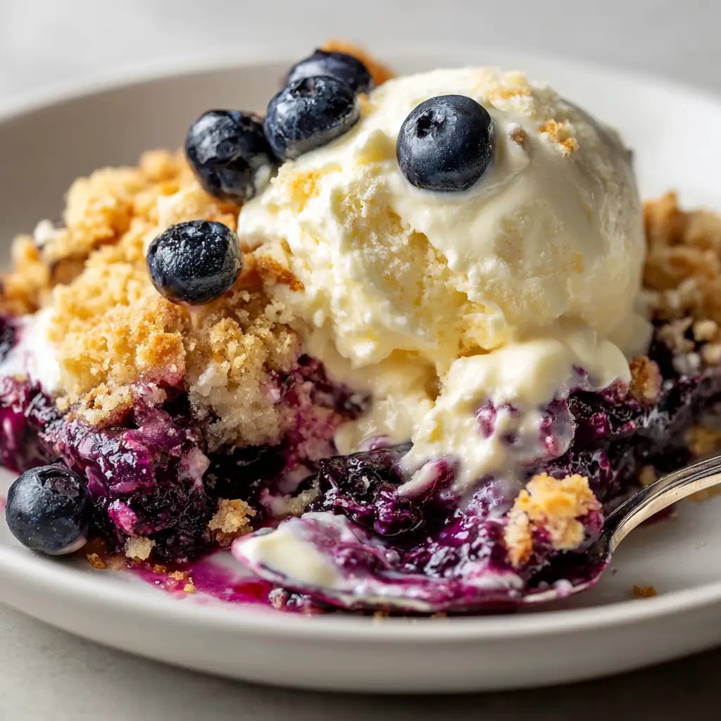 Bowl of blueberry crumble dump cake topped with vanilla ice cream fresh berries spoon ready