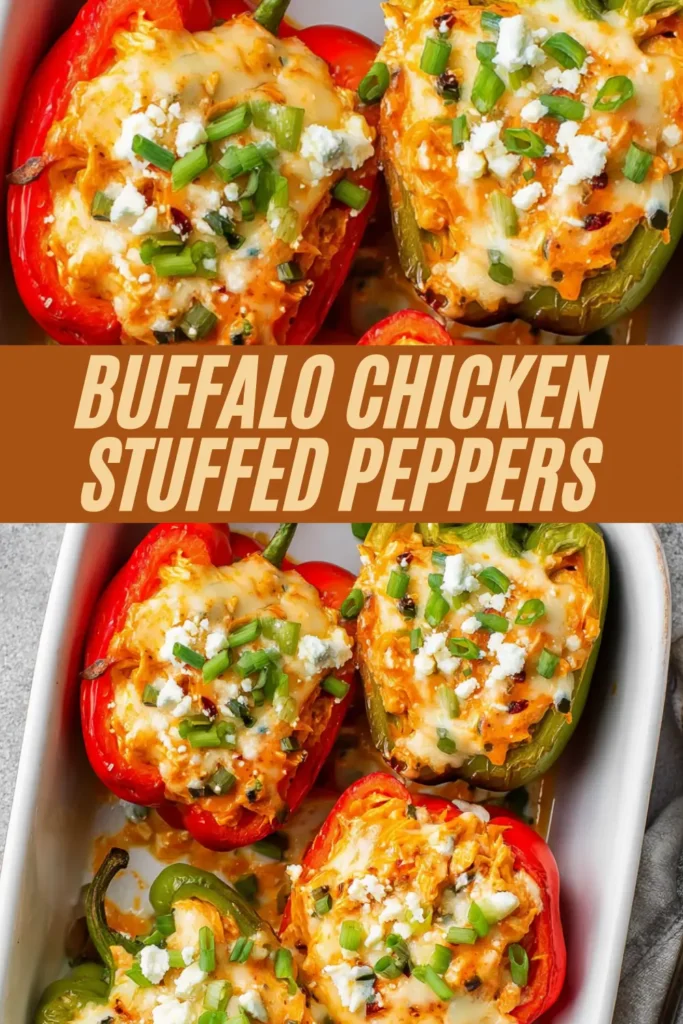 Vibrant red and green buffalo chicken stuffed peppers topped with cheese, blue cheese, and scallions in a dish