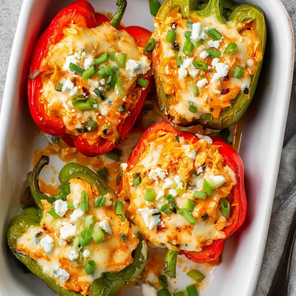 Colorful bell peppers stuffed with buffalo chicken, melted cheese, blue cheese crumbles, and green onions in a baking dish