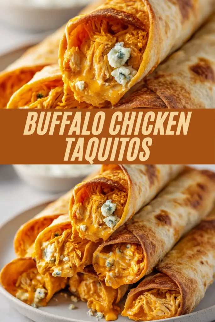 Tower of buffalo chicken taquitos with spicy filling, cheese melts, and blue cheese served with ranch dip