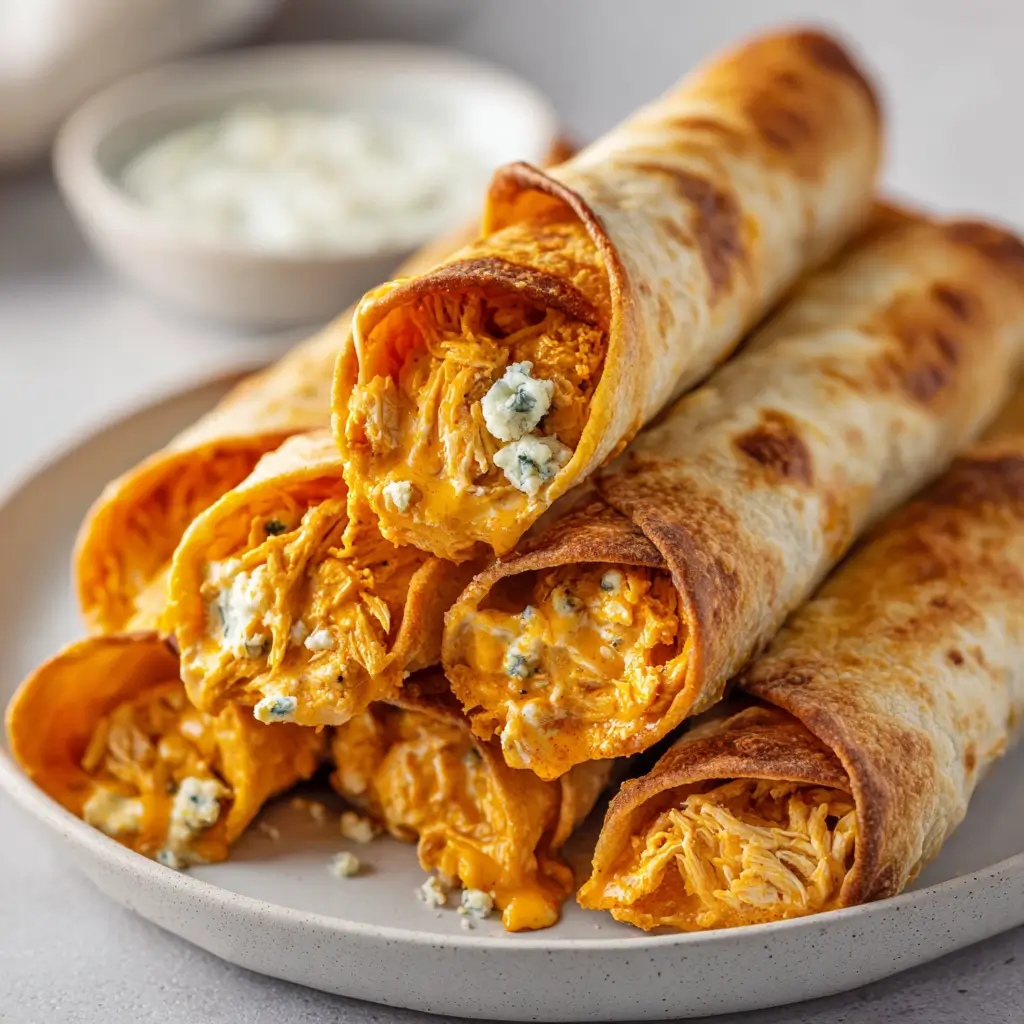 Stack of crispy buffalo chicken taquitos oozing cheese and blue cheese crumbles with ranch dip nearby