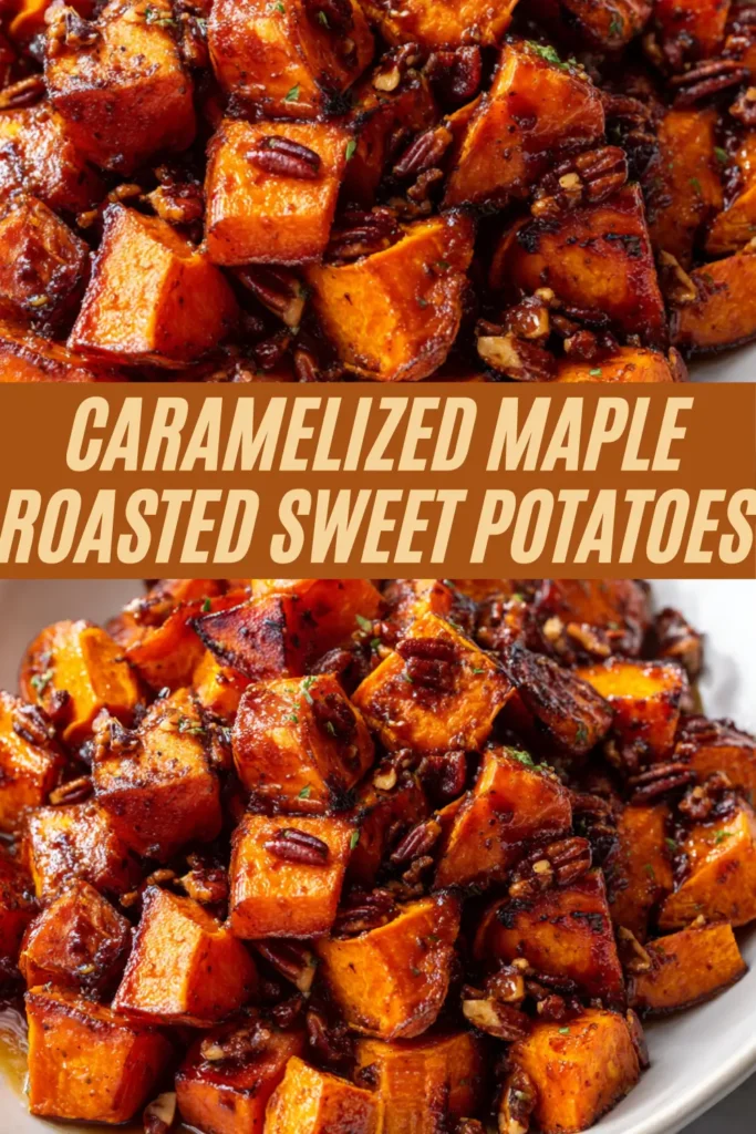 Caramelized maple roasted sweet potatoes with pecans in multiple shots showing glossy cubes tossed with parsley in serving dish
