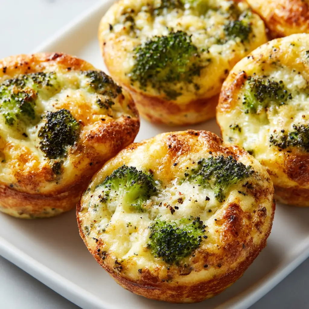 Golden cheddar broccoli egg muffins cheesy broccoli flecks on white platter.