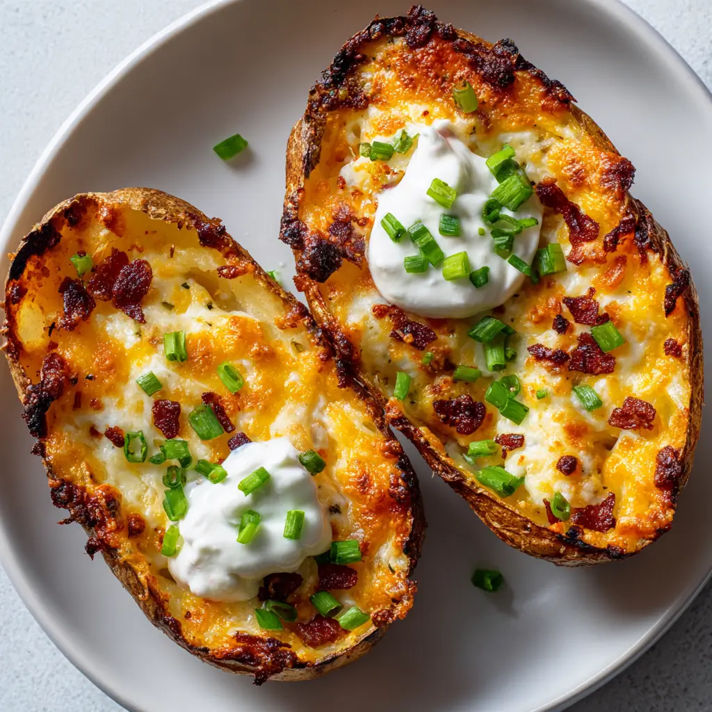 Overhead shot of crispy air fryer potato skins topped with melted cheese bacon bits sour cream and green onions