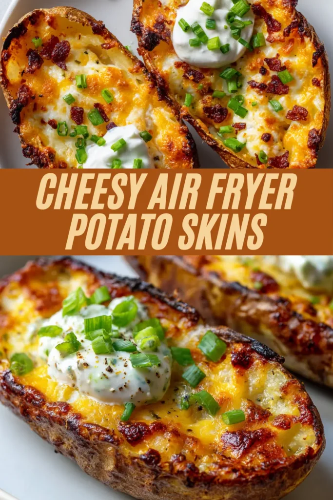 cheesy air fryer potato skins with melty cheese bacon sour cream green onions plated white dish
