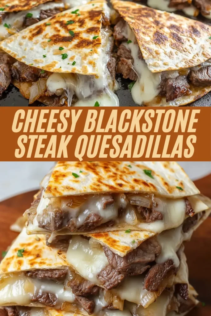 Cheesy blackstone steak quesadillas triple stacked with steak, onions, pulling cheese on wood board plus wedges