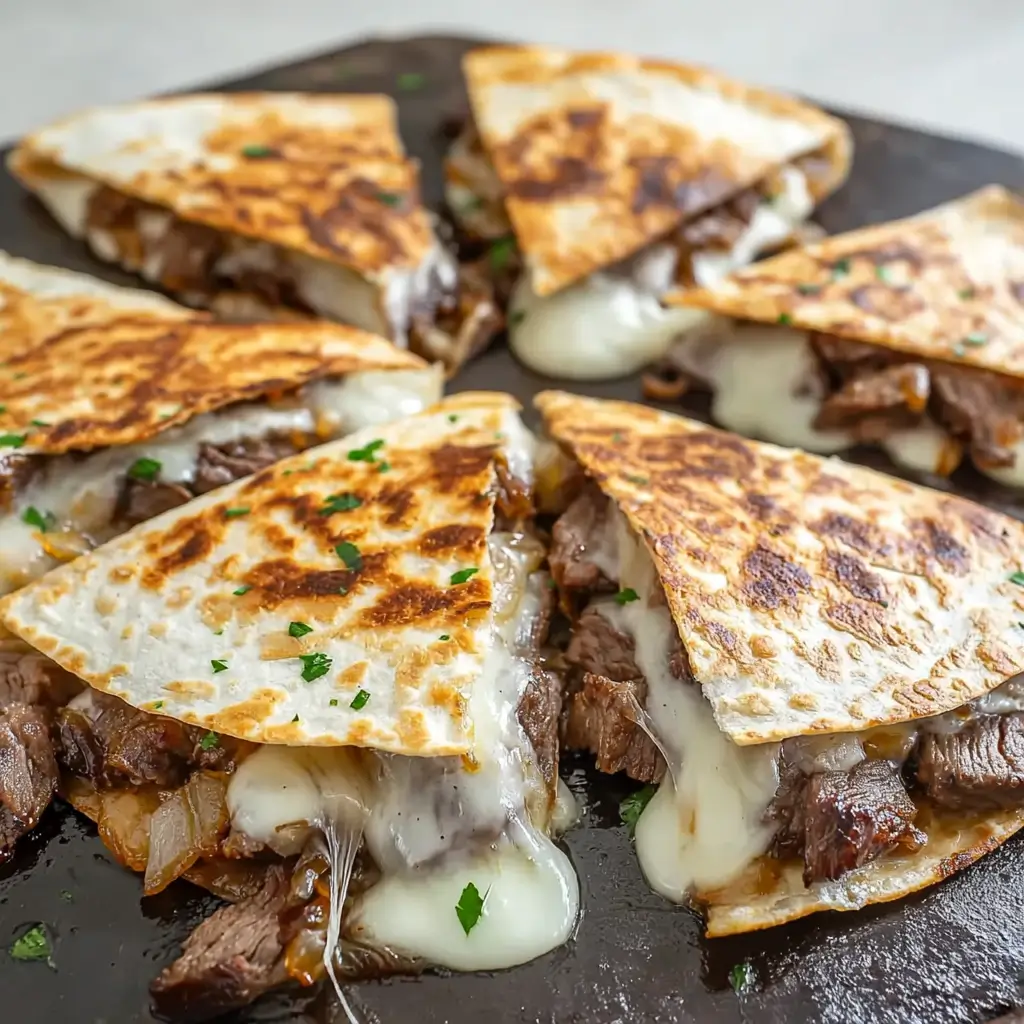 Six cheesy blackstone steak quesadilla wedges arranged in circle on dark board with stretching cheese and parsley