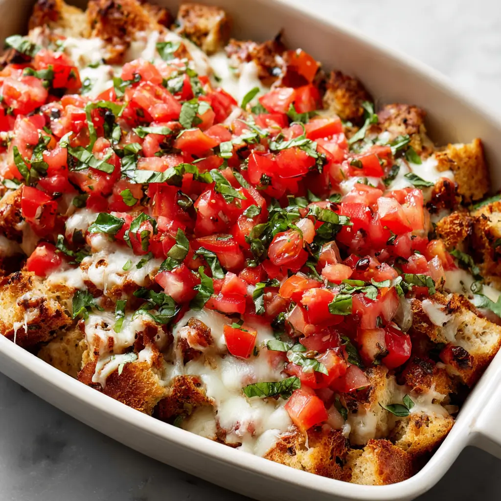 Cheesy chicken bruschetta casserole topped with diced tomatoes, basil leaves, melted mozzarella cheese and toasted bread pieces