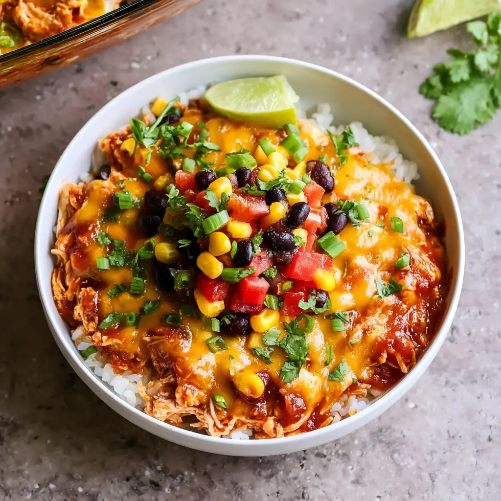 Cheesy chicken enchilada rice bowl topped with black beans corn tomatoes cilantro lime wedge and cheddar shreds