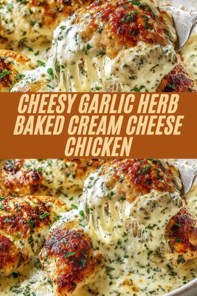 Cheesy garlic herb baked cream cheese chicken topped with melted cheese and fresh herbs on golden chicken breasts
