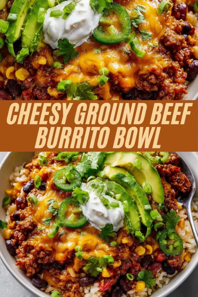 Cheesy ground beef burrito bowl recipe with close-up of beef, rice, beans, corn, cheese, avocado, jalapenos, sour cream, cilantro in white bowl with spoon