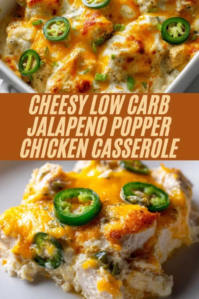 Cheesy low carb jalapeƱo popper chicken casserole full dish and plated serving with jalapeƱos, cheese, green onions