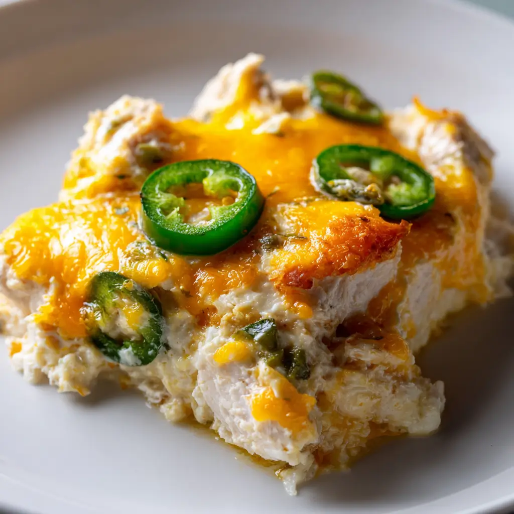 Serving of cheesy low carb jalapeƱo popper chicken casserole with golden cheese crust, jalapeƱo slices on white plate