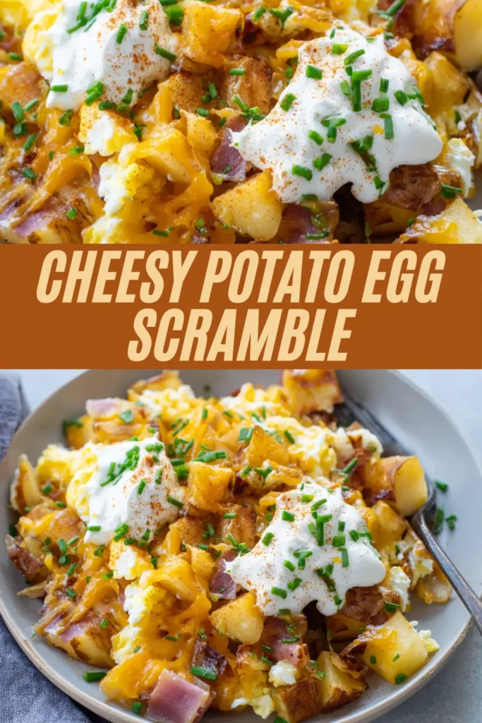 cheesy potato egg scramble purple potatoes sour cream CHEDDAR POTATO EGG SCRAMBLE overlay closeup plate.