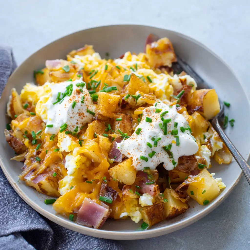Cheesy potato egg scramble purple potatoes sour cream chives paprika fork spoon white plate.