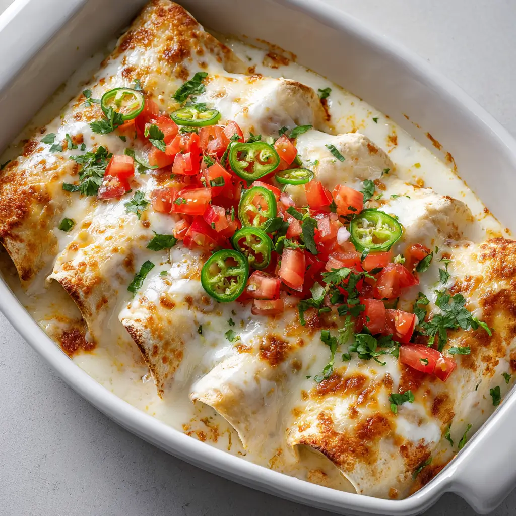Baked cheesy queso chicken enchiladas casserole with jalapeƱos, tomatoes, cilantro in creamy sauce