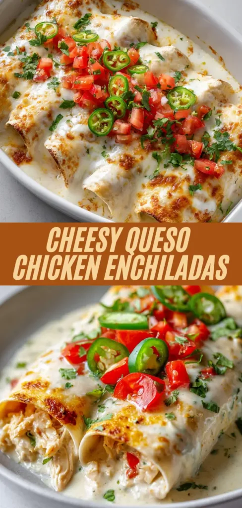 Vertical cheesy queso chicken enchiladas plated with creamy sauce, jalapeƱos, tomatoes, cilantro toppings