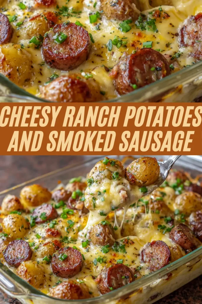 Cheesy ranch potatoes and smoked sausage casserole scooped from baking dish showing stretchy cheese, potatoes, sausage, herbs