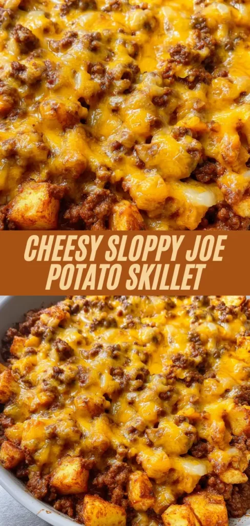Cheesy sloppy joe potato skillet recipe featuring ground beef sauce, potatoes, cheddar melt