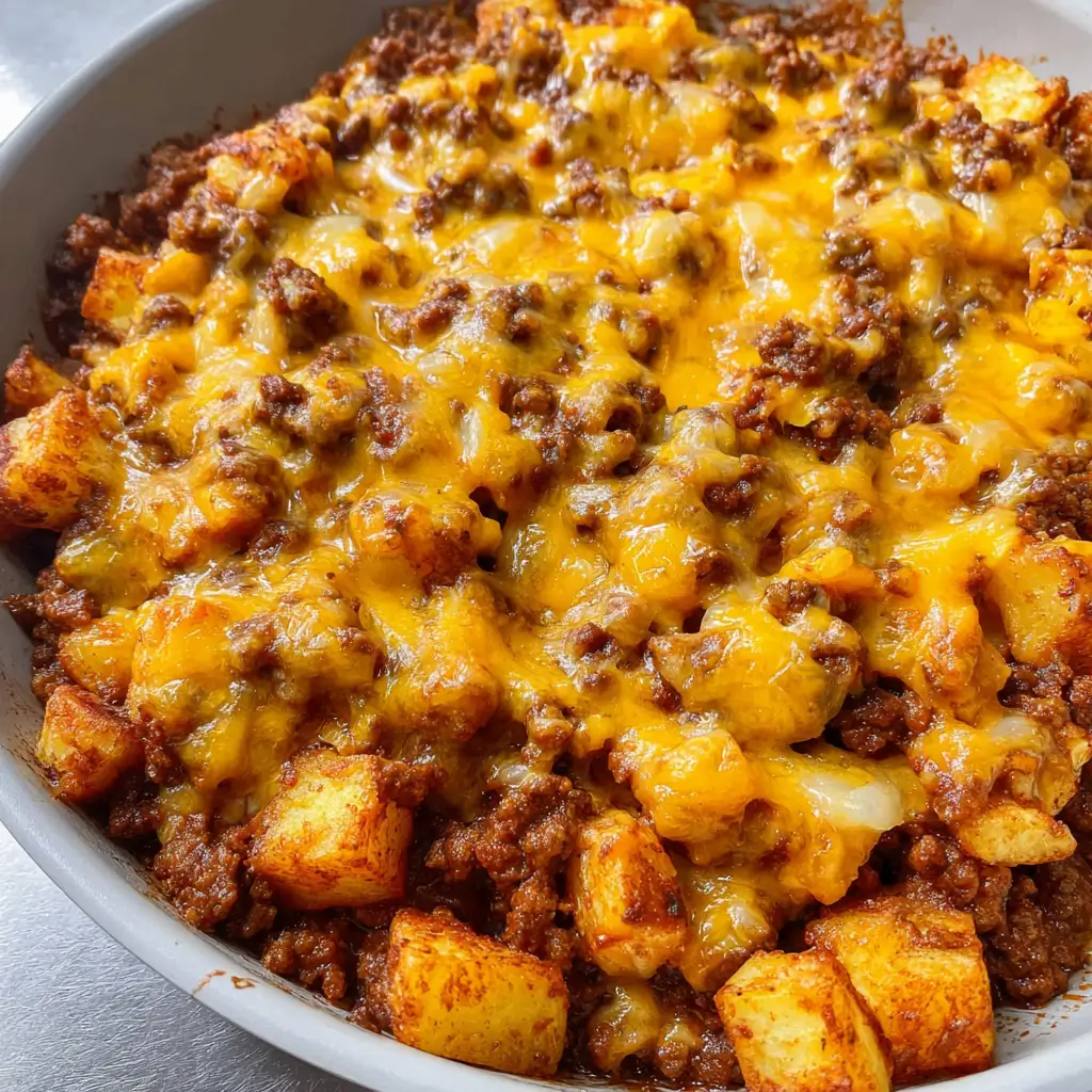 Cheesy sloppy joe potato skillet with ground beef, diced potatoes, melted cheddar cheese