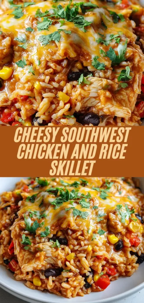 cheesy southwest chicken and rice skillet with melted cheese, cilantro, corn, beans, peppers from overhead and bowl views