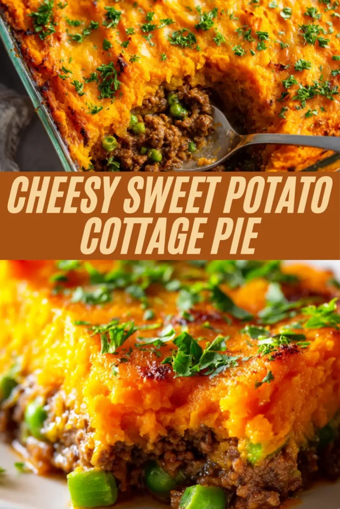 Cheesy sweet potato cottage pie baked dish with creamy mashed sweet potato topping, beef and pea filling, fresh parsley garnish, spoon scooping a portion.