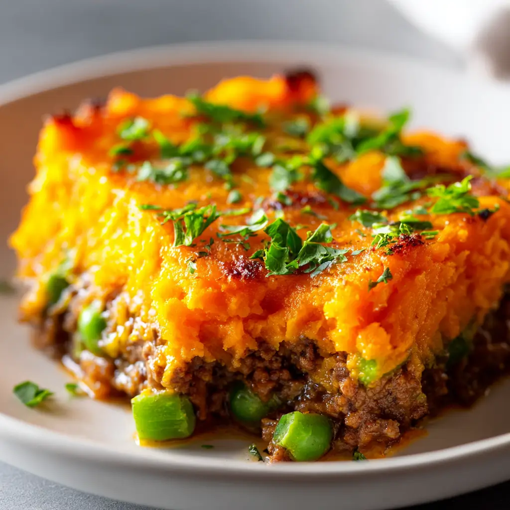 Serving of cheesy sweet potato cottage pie on a plate revealing layers of creamy orange mashed sweet potato topping, savory ground beef filling with green peas, topped with fresh parsley.