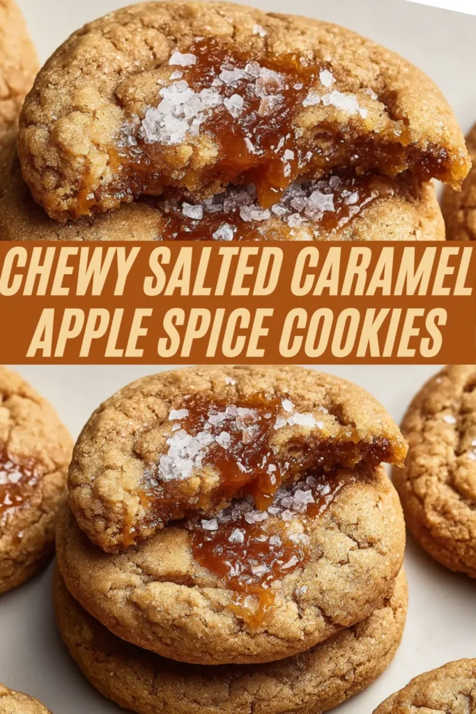 Chewy salted caramel apple spice cookies in stacked shots with gooey caramel centers and flaky sea salt on top