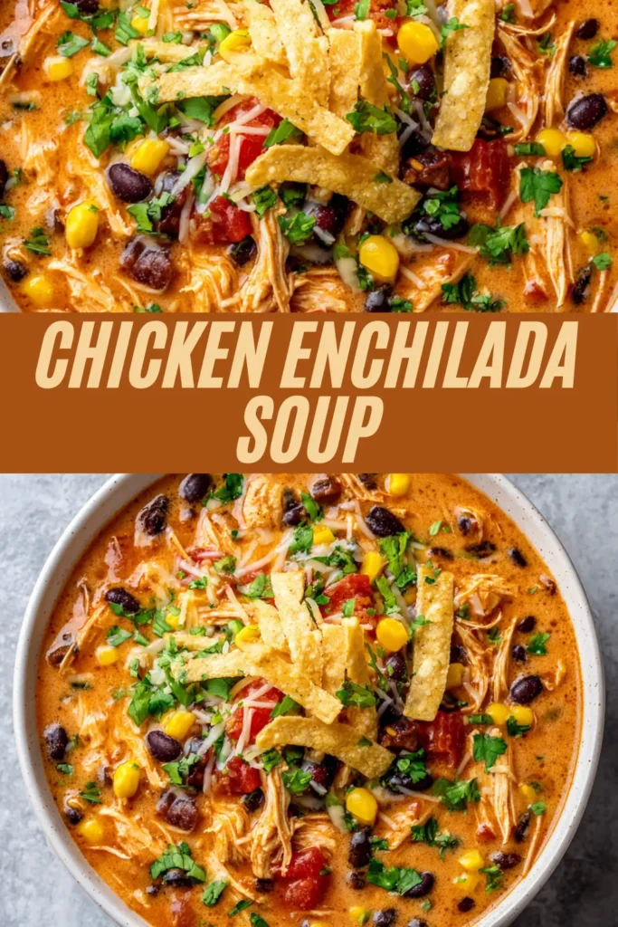 Vertical recipe pin for chicken enchilada soup featuring loaded bowls with tortilla strips and title text