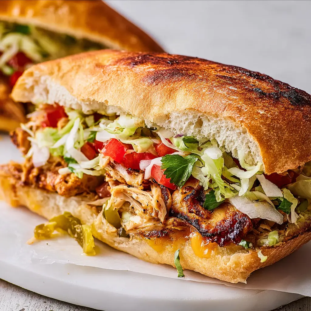 Toasted bolillo roll chicken torta stuffed with shredded chicken, cabbage slaw, tomatoes, jalapenos, cheese