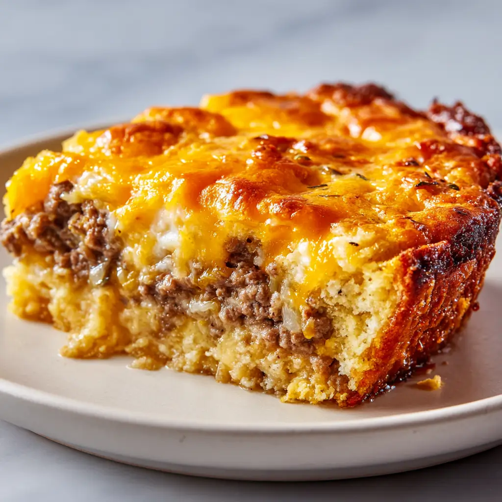 Served slice of classic Bisquick cheeseburger pie revealing layers of ground beef, cheddar cheese, onions and flaky crust with chives