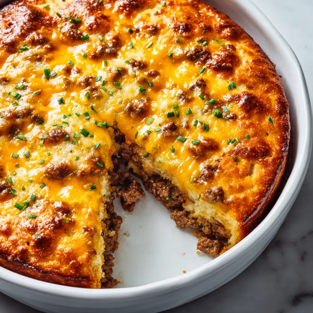Classic Bisquick cheeseburger pie sliced to show layers of ground beef, melted cheddar cheese, and flaky Bisquick crust garnished with chives