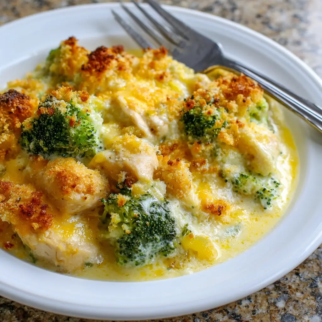 Portion of classic chicken divan casserole on white plate with fork, showing creamy cheese sauce, broccoli florets, chicken pieces, and golden crispy breadcrumbs