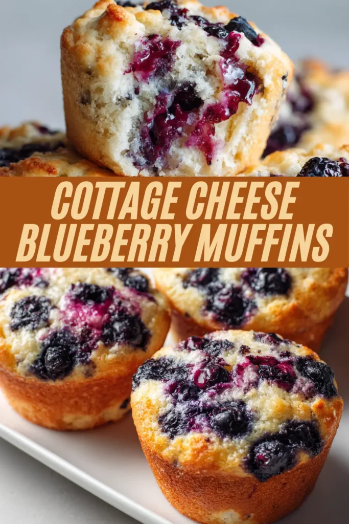 Stack of cottage cheese blueberry muffins showing juicy blueberries and soft crumb texture on a plate