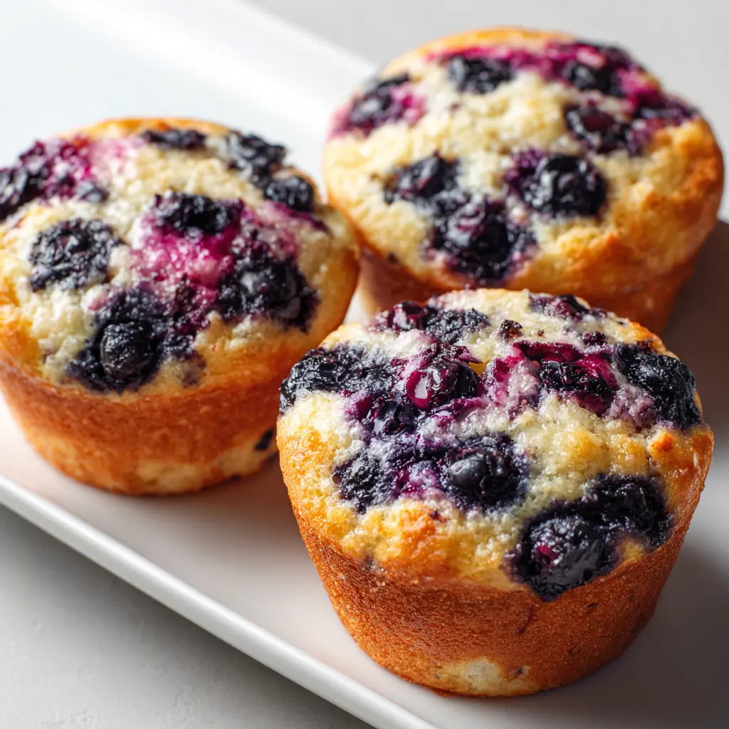 Freshly baked cottage cheese blueberry muffins bursting with juicy blueberries and golden tops on a plate