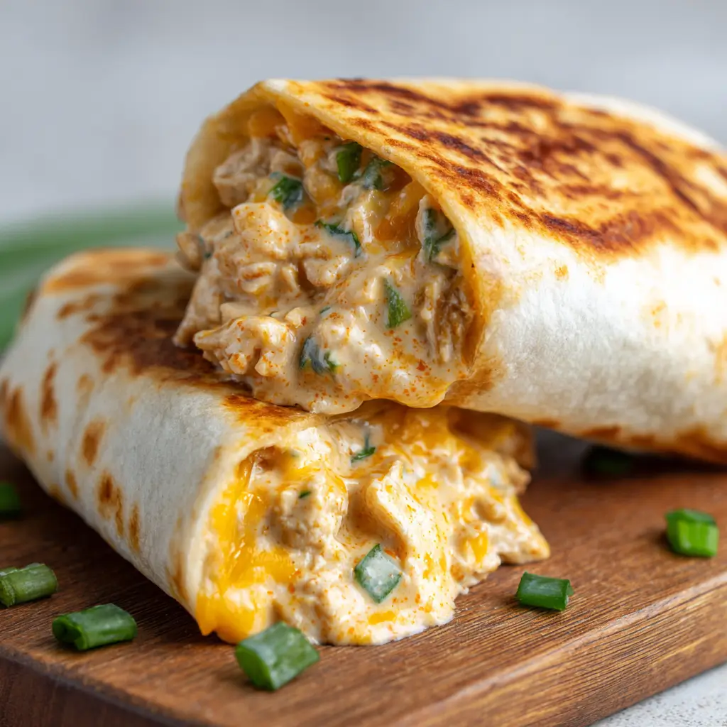 Close-up grilled creamy cheesy garlic chicken wrap oozing cheddar cheese and green onions on wooden board